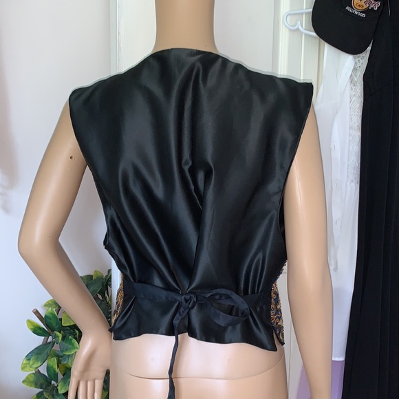 Vintage 80s beaded sleeveless black satin fancy VEST jacket L - Picture 3 of 16